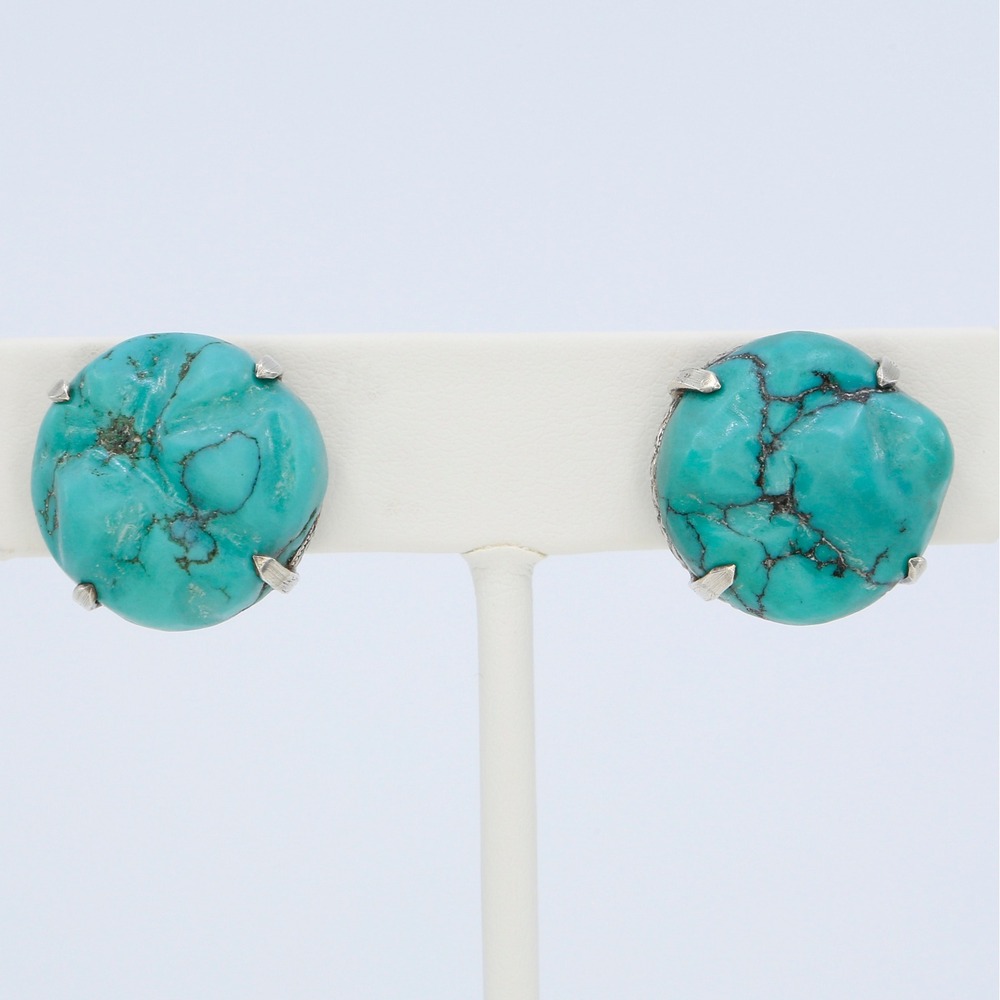 Vintage Sterling Silver Turquoise Screw Back Earrings Southwestern 1930s-1940s